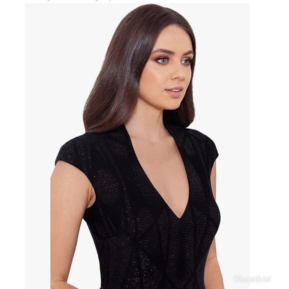 Revolve Betsy & Adam Long Cap Sleeve Glitter Black Ombre Maxi Formal Gown - Picture 2 of 8